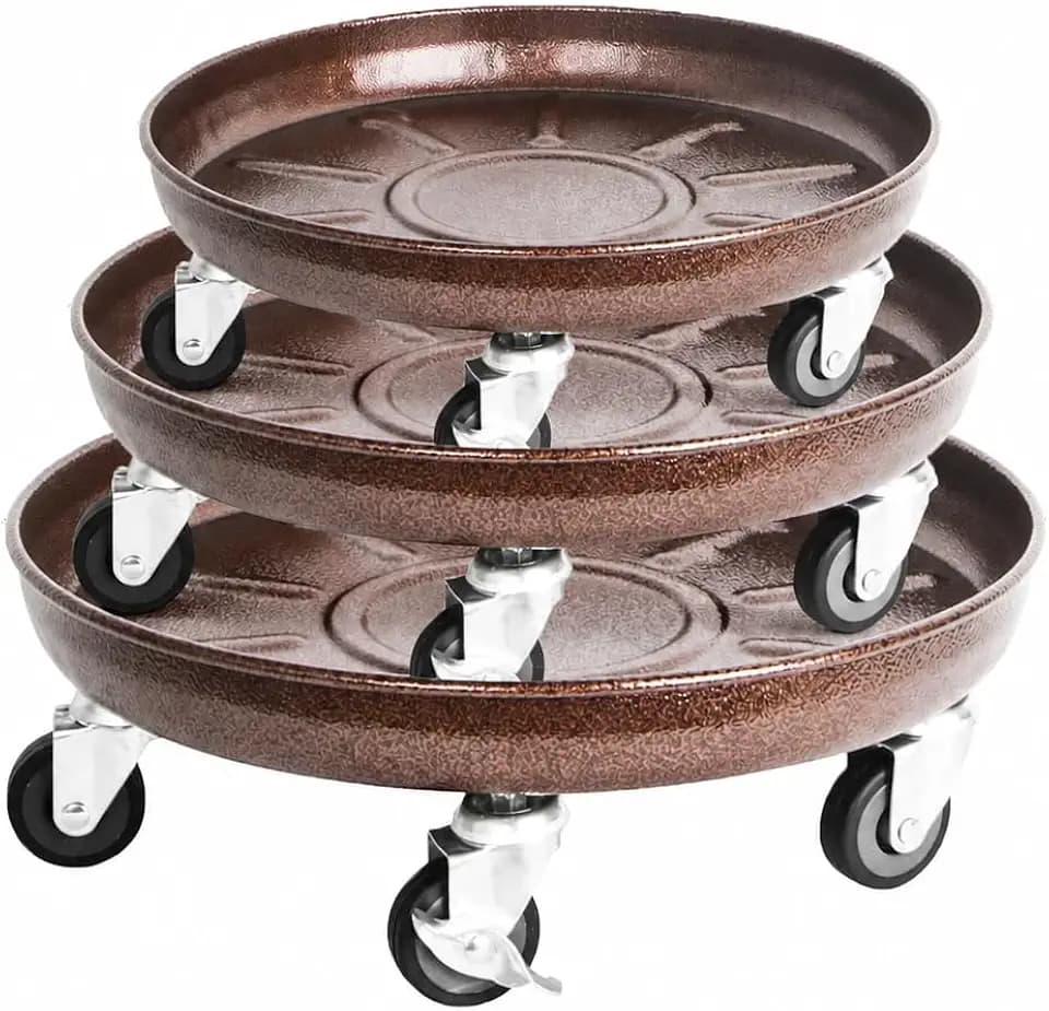 Metal Heavy Duty Plant Caddy Round Flower Pot Mover, 3 Pack Mixed of 14", 16" and 20" Rolling Plant Stand with Wheels, Indoor Outdoor Plant Dolly with Casters Planter Tray, Bronze