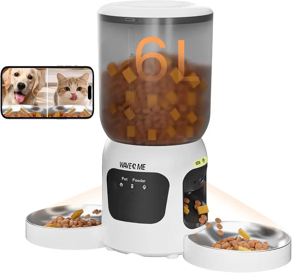 Futterautomat Katze mit Kamera, 6L Dual-WLAN Spender für 2 Katzen | 15 Mahlzeiten, 2-Wege-Audio & Nachtsicht, Futternapf aus Edelstahl für Katzen und Hunde, App-Steuerung per 2.4G/5G WLAN