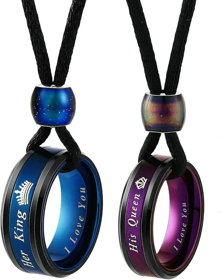 Aienid Matching Necklace, Couple Necklaces for Him and Her Stainless Steel 2Pcs Couple Ring Heart Pendant for Promise