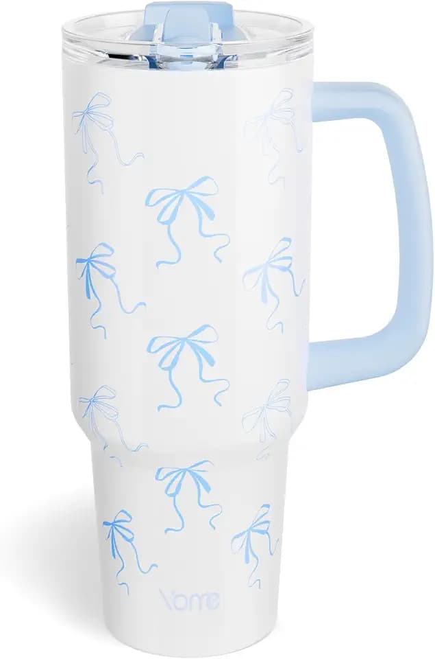YOME 40oz Blue Bow Tumbler with Handle and Flip Straw | Stainless Steel Insulated Cute Water Bottle | Keeps Drinks Cold | Dishwasher Safe | Cupholder Friendly | Gift Gym Travel Yoga