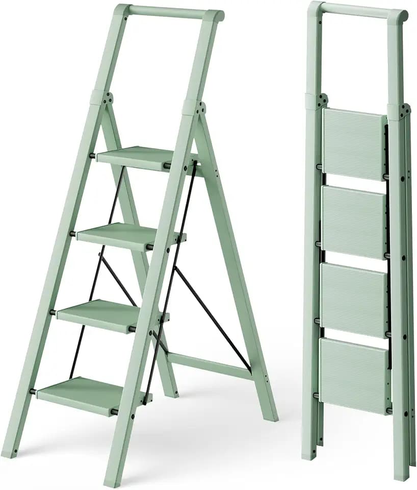 HillhutApex Aluminum 4 Step Ladder, Step Stool Foldable Ladder(Pale Green)