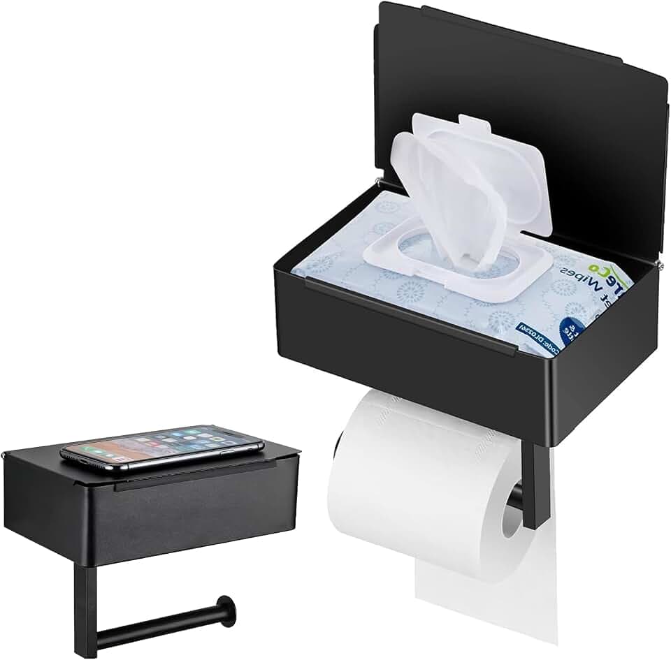 Klopapierhalter mit Feuchttücherbox Ohne Bohren, Edelstahl Toilettenpapierhalter Schwarz,wc Papier Halterung Selbstklebend, Toilettenpapier Aufbewahrung für Badezimmer und Küche