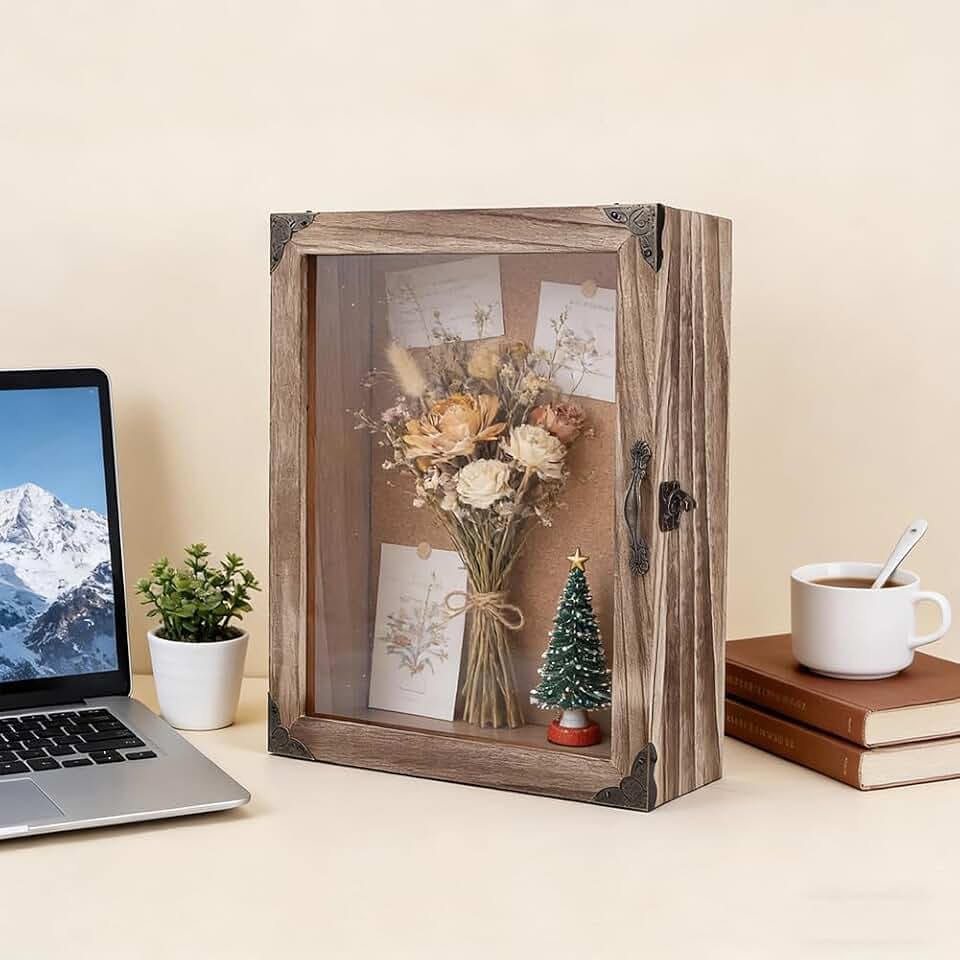 NBEADS 3D Bilderrahmen Holz Shadow Box, Tiefe 12cm Kiefern Ausstellungsgehäuse Mit Acryl Sichtfenster Scharnierdeckel 33x28cm Rustikales Holz Erinnerungskasten Für Hochzeitsblumen Medaillen Andenken
