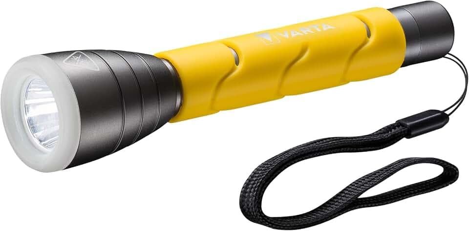 VARTA Taschenlampe LED inkl. 2x AA Batterien, Outdoor Sports F20, Leuchte, Lampe mit zwei Leuchtmodi, Taschenleuchte mit gummiertem Griff, sehr robust, gelb