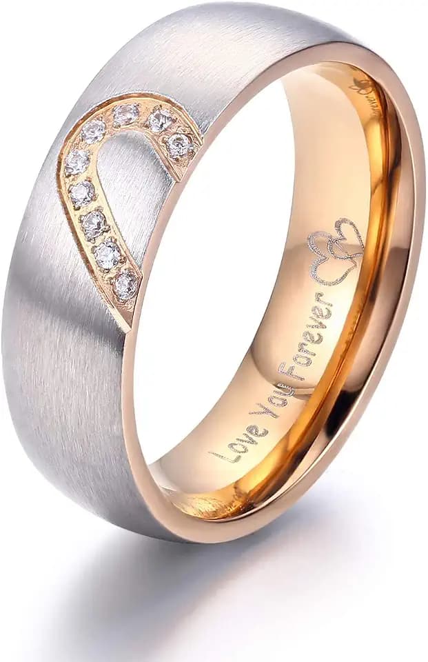 LAVUMO Matching Promise Rings for Couples Love You Forever Wedding Bands Sets for Him and Her Half Heart Rings Stainless Steel 6mm with Box Comfort Fit