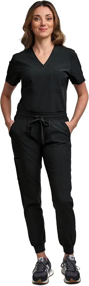 Green Town Scrubs for Women Scrub Set - Jogger Pant and Tuck-In V-Neck Top, 5 Pockets, Yoga Waistband, Nursing Uniform-Black-Medium Petite