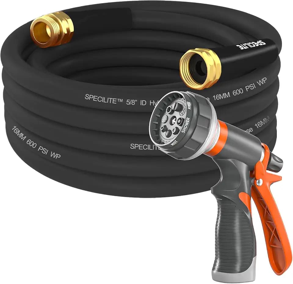 SPECILITE Garden Water Hose 25 ft x 5/8", Heavy Duty & Kink-less, Black