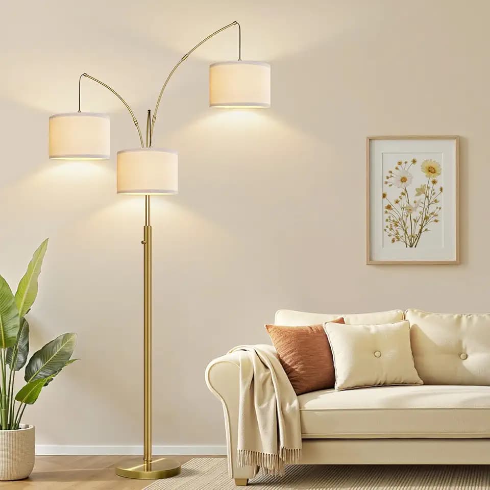 Nintiue Dimmable Floor Lamp - 3 Lights Brass Arc Floor Lamps for Living Room, 1000LM Modern Tall Standing Lamp with Linen Shades, Mid Century Tree Floor Lamp for Bedroom Office, 3 LED Bulbs Included