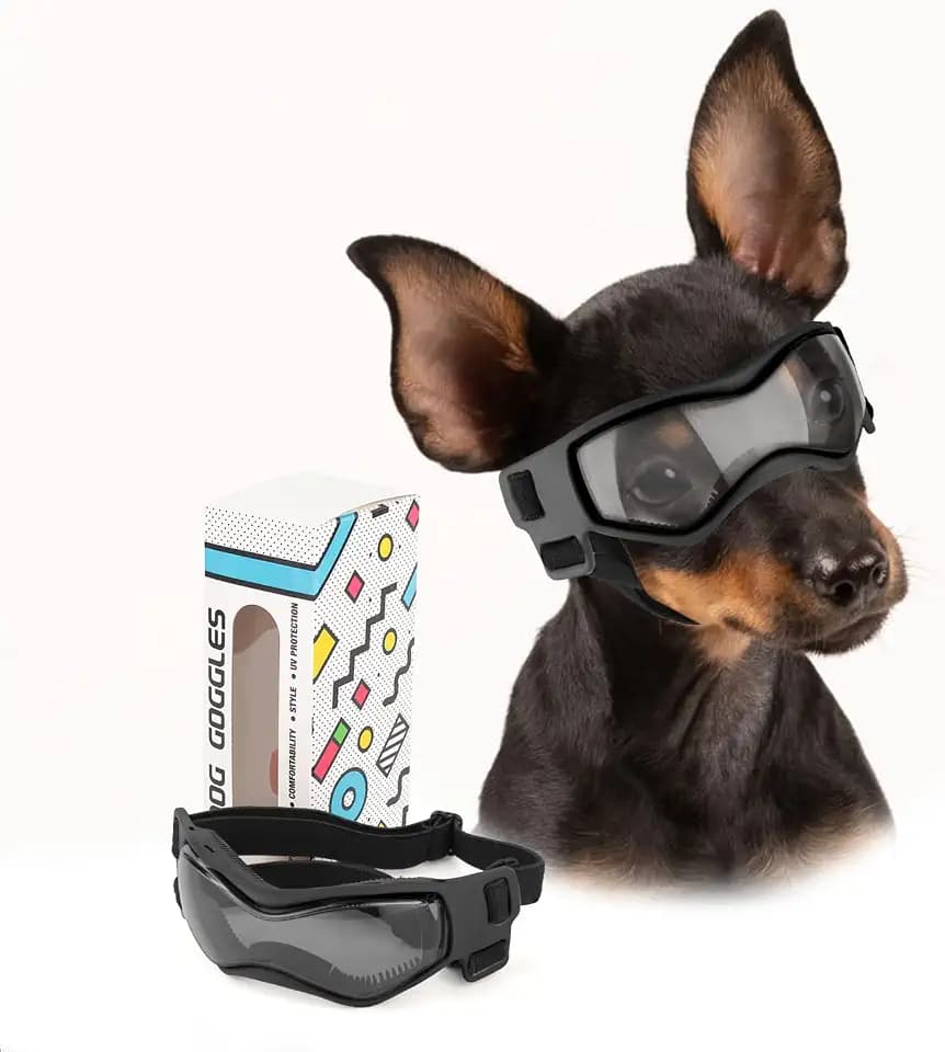 Hunde-Sonnenbrille für kleine Rassen mit Anti-UV-Windschutz und Augenschutz, Haustier-Sonnenbrille mit verstellbaren Riemen für Autofahren/Aktivitäten im Freien – Schwarz