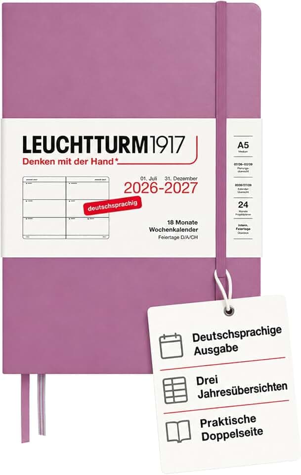 LEUCHTTURM1917 Wochenkalender 2027 Medium (A5) - Deutsch, Dusty Rose, Hardcover, 145 x 210 mm, 18 Monate - 07. 2026-12.2027, 1 Woche pro Doppelseite, 80 g/m² Papier mit hoher Tintenverträglichkeit