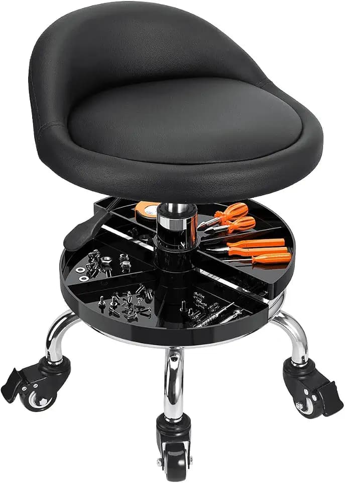 JOSTZHXIN Garage Mechanic Stool Chair Rolling Shop Chair, Height Adjustable Garage Shop Seat, Low Stools with Storage Tray, Rolling Stool for Salon SPA Tattoo (Style 2)
