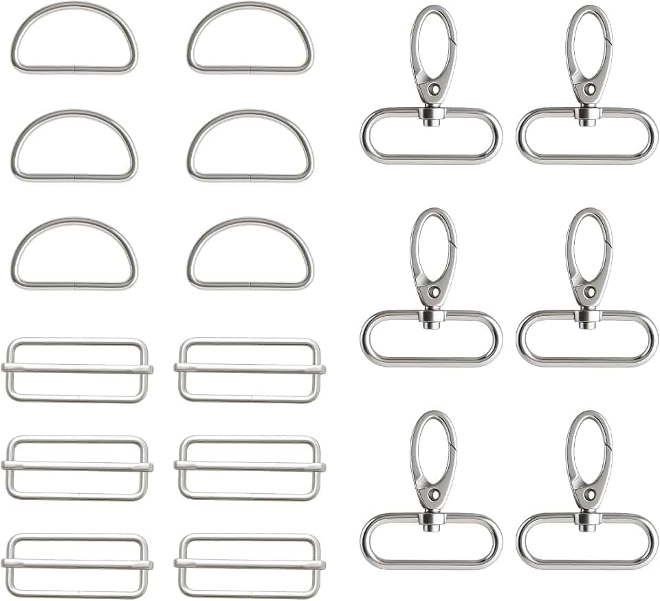 18 Stück 38mm Taschenzubehör Set, Drehbare Karabinerhaken, D-Ringe & Leiterschnallen für DIY Taschen, Gurt, Hundehalsbänder Silber, Ideal für Nähprojekte