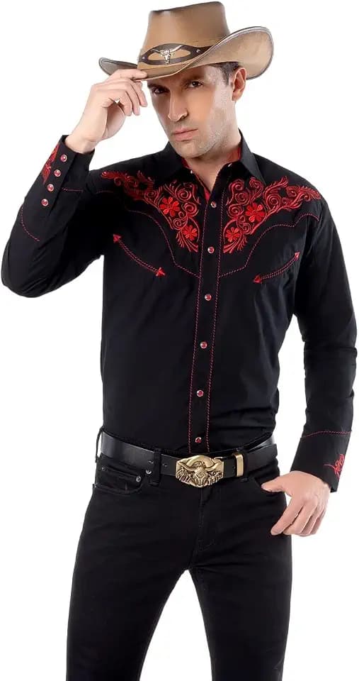 EL PIONERO Men's Western Shirt Long Sleeve Embroidered Cowboy Casual Snap Button Shirt Black