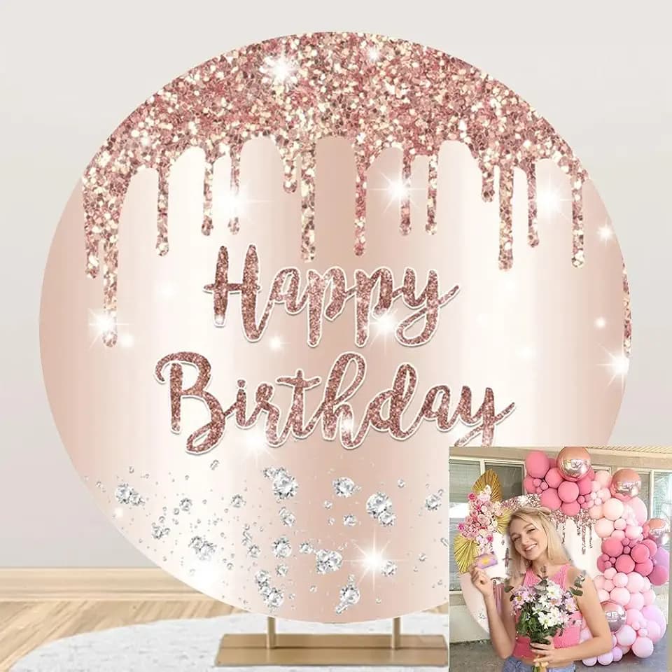 7.2x7.2ft Round Birthday Backdrop Cover Rose Gold Glitter Diamonds Happy Birthday Background for Photography Women Girls 16 18th 21th 30th Bday Party Decorations Photo Studio Booth Props