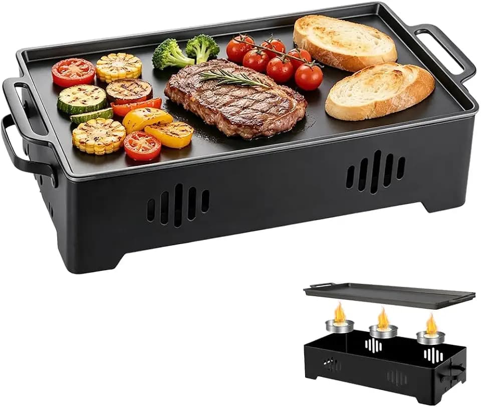 Gohytal BBQ Warmhalteplatte, BBQ Board zum Warmhalteplatte, Warmhaltebehälter für Essen Grillgut Stövchen, Speisenwärmer Warmhalteplatt mit Teelichthälter, Grill Zubehör für Outdoor Garten Grillparty