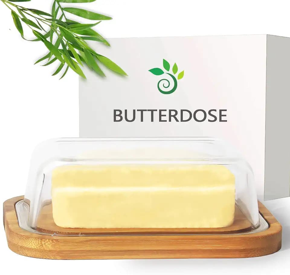 Theo&Cleo Butterdose aus Glas und Bambus , Umweltfreundlicher und nachhaltiger Bambus , Hochwertiger Glasdeckel , Butter Box , 250 g Butter