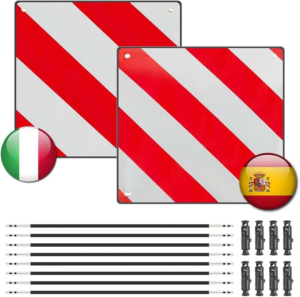 2 in1 Aluminium Warning Sign for Italy/Spain, 2 Stück Warning Sign Italy and Spain with 8 Tie Down Strap, PVC Reflective WarningSign for Bicycle Carrier, Motorhome, Caravan Towing (50X50cm)