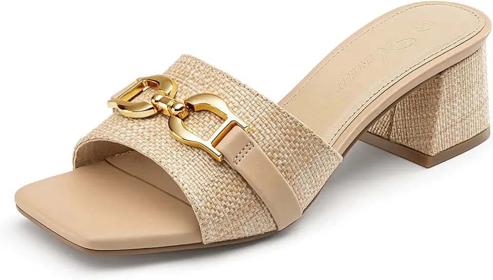 Athlefit Raffia Heeled Sandals Women Slip On Chunky Block Heels for Summer