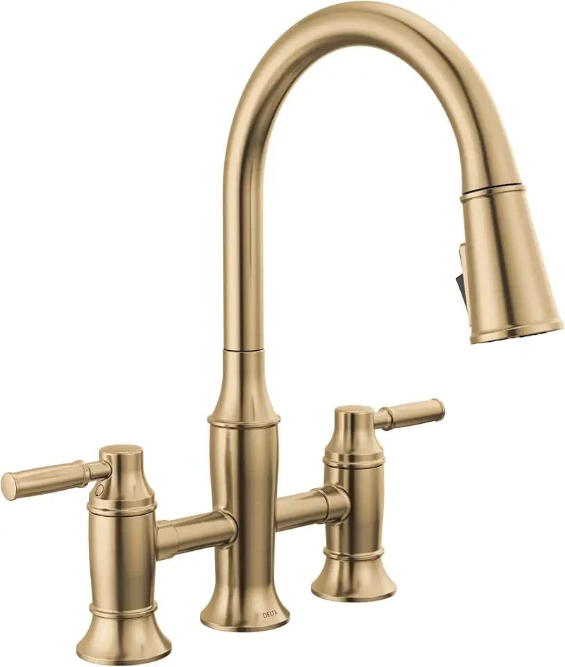 Delta Renaldi Brushed Gold Kitchen Faucet with Pull Down Sprayer, Bridge 3 Hole Modern Kitchen Sink Faucet, Two-Handle, Lumicoat Champagne Bronze 2384L-CZ-PR-DST