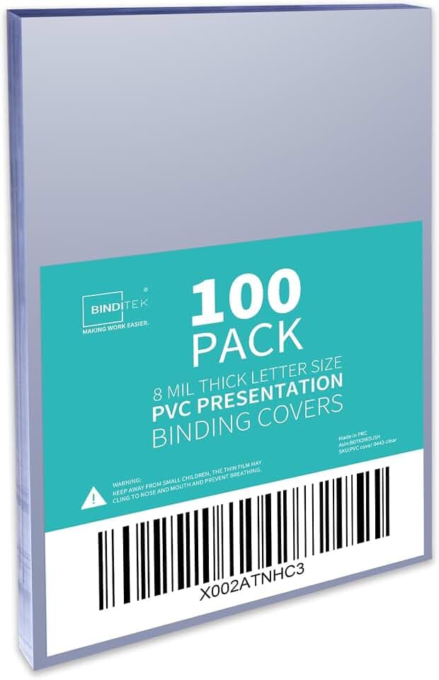 Binditek 8 Mil PVC Binding Covers, 8.5 x 11 Inches, Clear, 100 Pack