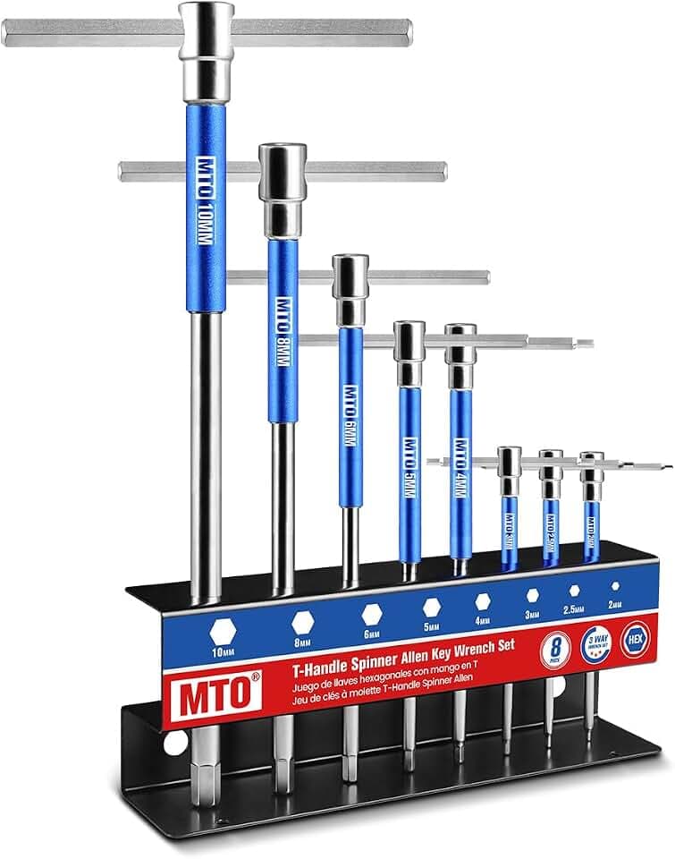 MTO Metric T-Handle Spinner Allen Key Wrench Set, 8-Piece 2-10mm, 3-Way Sliding Handle & Spinning Sleeve, CR-V Steel Hex Wrench with Storage Rack for Motorcycle, Car, DIY