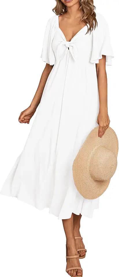 PRETTYGARDEN Women's Summer Bow Tie V Neck Midi Dresses