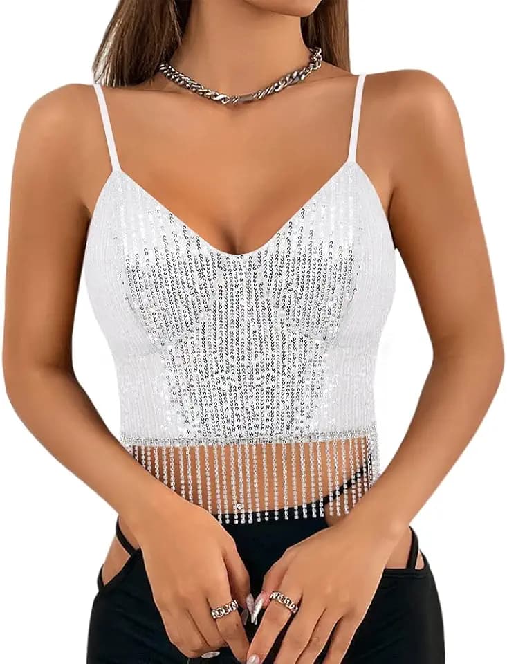 Haoohu Women's Sparkly Sequin Spaghetti Strap Crop Top Sleeveless V Neck Rave Tank Vest Clubwear