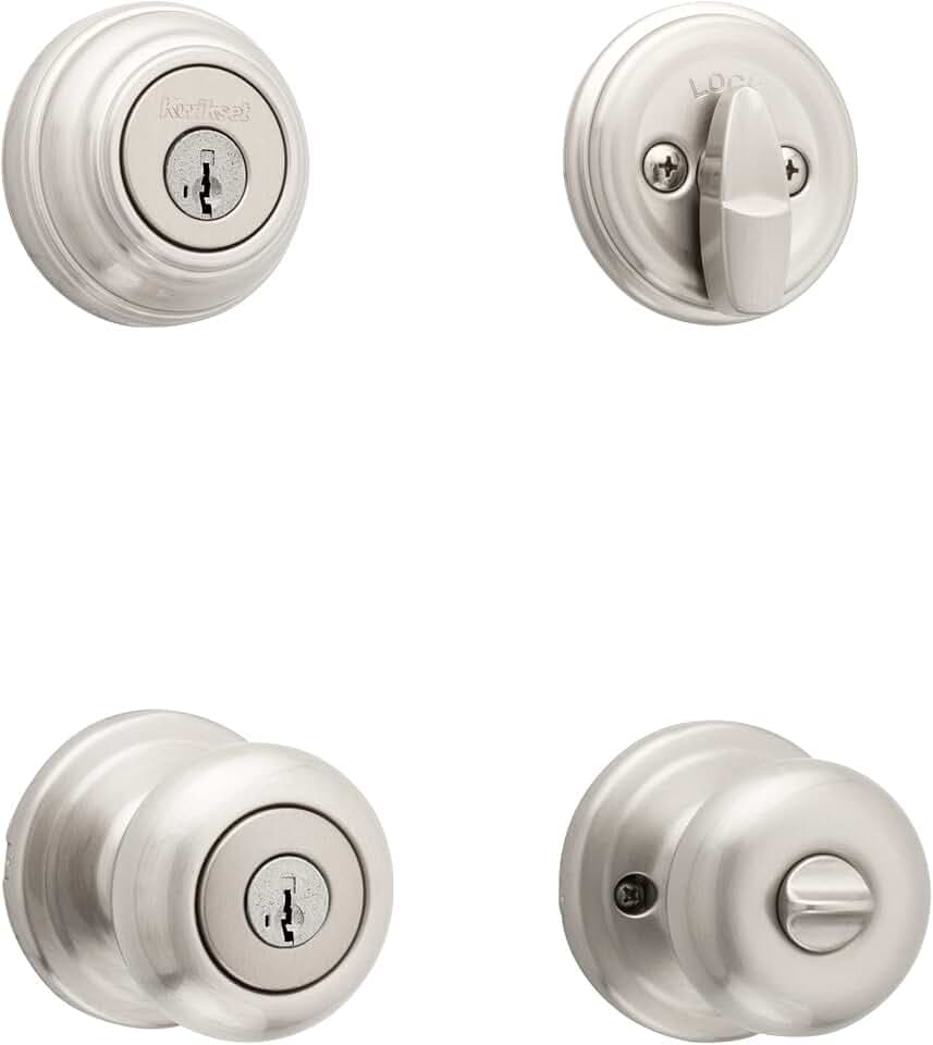 Kwikset Juno Türknauf mit Schlüssel und Einzylinder-Riegel, Kombi-Pack mit antimikrobiellem Microban-Schutz, SmartKey-Sicherheit in satiniertem Nickel