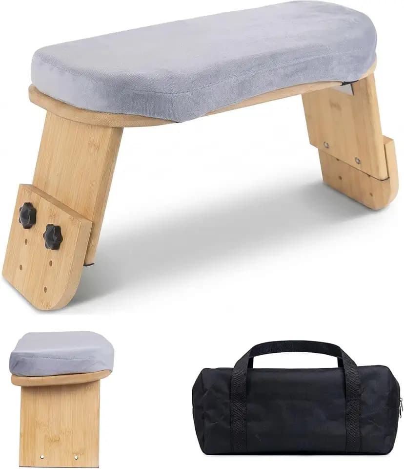 Adjustable Meditation Bench with Cushion, Portable Folding Bamboo Meditation Stool, Ergonomic Kneeling Stool Chair, Portable Yoga Bench Seiza Prayer Bench with Carry Bag & Non-Slip Pads