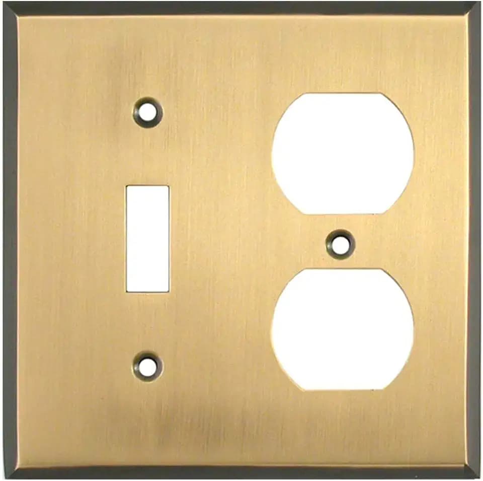 Switch Hits Antique Brass Gold Outlet Wall Plate | 1 Toggle - 1 Duplex | 4.5" x 4.5" | Hand-Polished Brass Construction | Electrical Switch Plate Cover for All Configurations