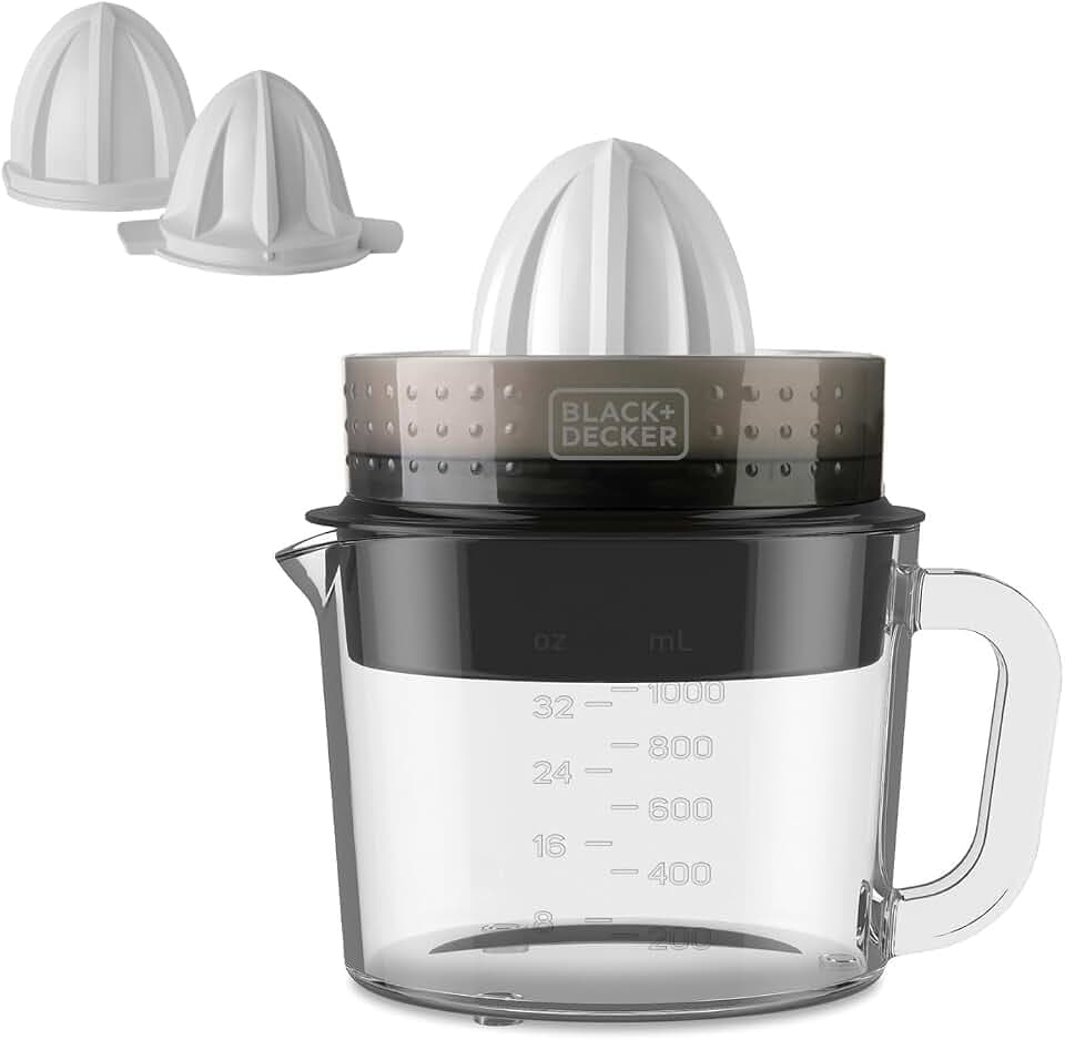 BLACK+DECKER - Elektrische Zitruspresse 30 W | Orangen- & Zitrussaft | 1 l Messkanne mit Skala | BPA-frei | Einstellbarer Fruchtfleischanteil | Zerlegbar | Spülmaschinengeeignet | Zwei Drehrichtungen