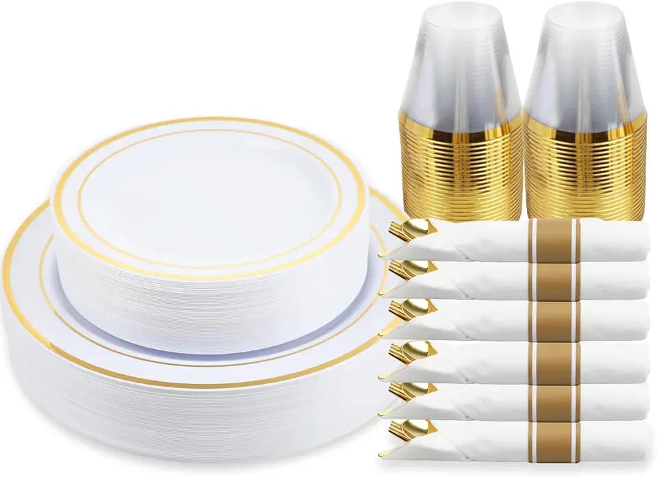 M MCIRCO 175 Piece Gold Dinnerware Set - 50 Plastic Plates, 25 Cups, 25 Pre Rolled Napkins with Plastic Silverware, Disposable Gold Dinnerware Set for 25 Guest