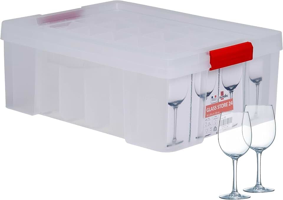 SUNDIS Glass Store, Aufbewahrungsbox 27l mit Schnappdeckel, mit 24 Fächern zur Aufbewahrung von Gläsern mit Stiel, transparentem Kunststoff, verstärkt, stapelbar