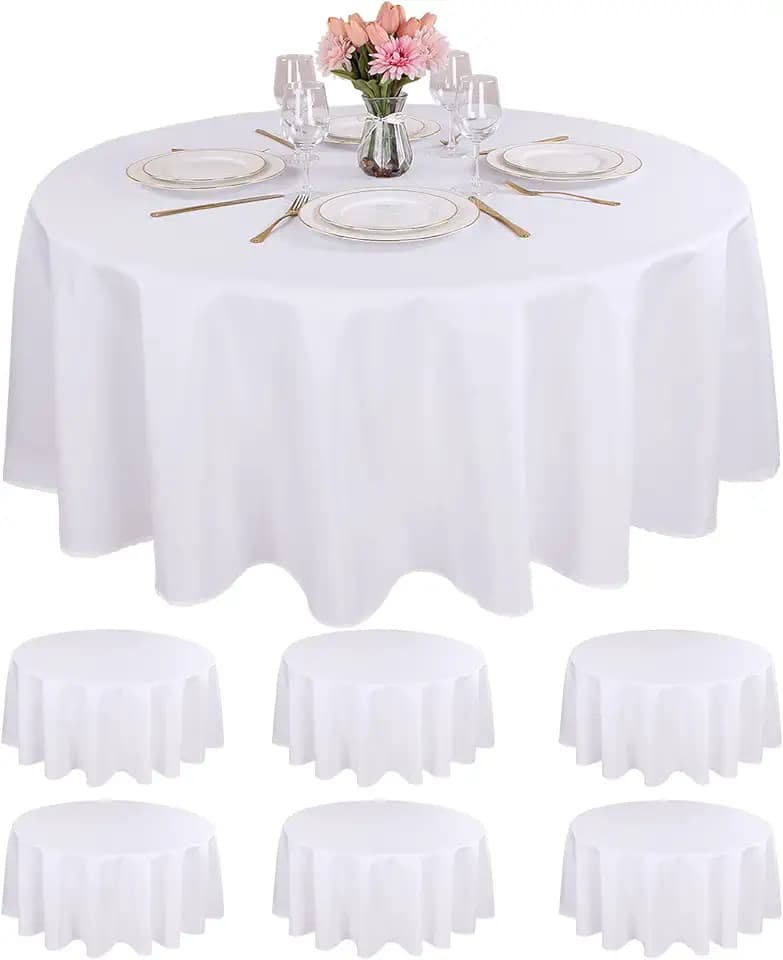 Kesfey 6 Packs 120 Inchs Polyester White Round Table Cloths Wrinkle Resistant Tablecloth Washable Banquet Tablecovers splashproof High Density Table Covers Fabric Tablecloths for Wedding Birthday