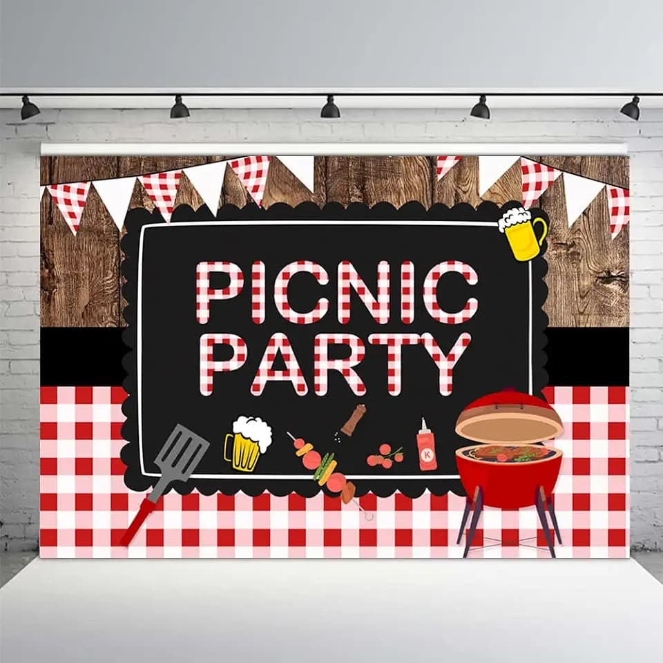 MEHOFOND Picnic Party Backdrop 7x5ft BBQ Party Decorations Rustic Wood Red Gingham Photography Background Summer Picnic Birthday Baby Shower Party Photo Booth Banner