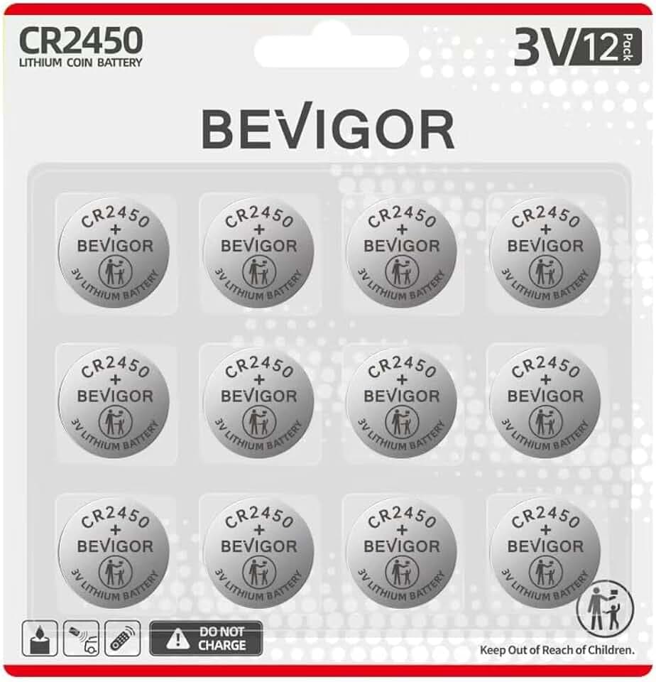 Bevigor 2450 Batterie Kompatibel mit Fitnessgeräten CR2450 Lithium 3V Münzbatterie für Kindersicherheit, Auto Alarm, passend für Schlüsselanhänger, Uhr und mehr (CR2450-12)