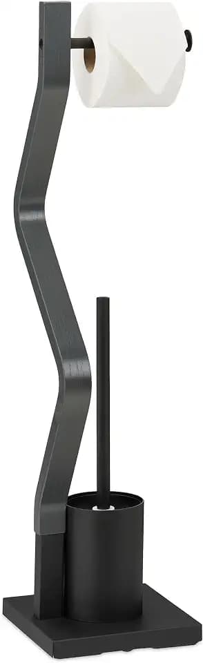 Relaxdays WC Garnitur, stehender Toilettenpapierhalter, Toilettenbürste mit Bürstenhalter, 75x18,5x18,5 cm, schwarz/grau