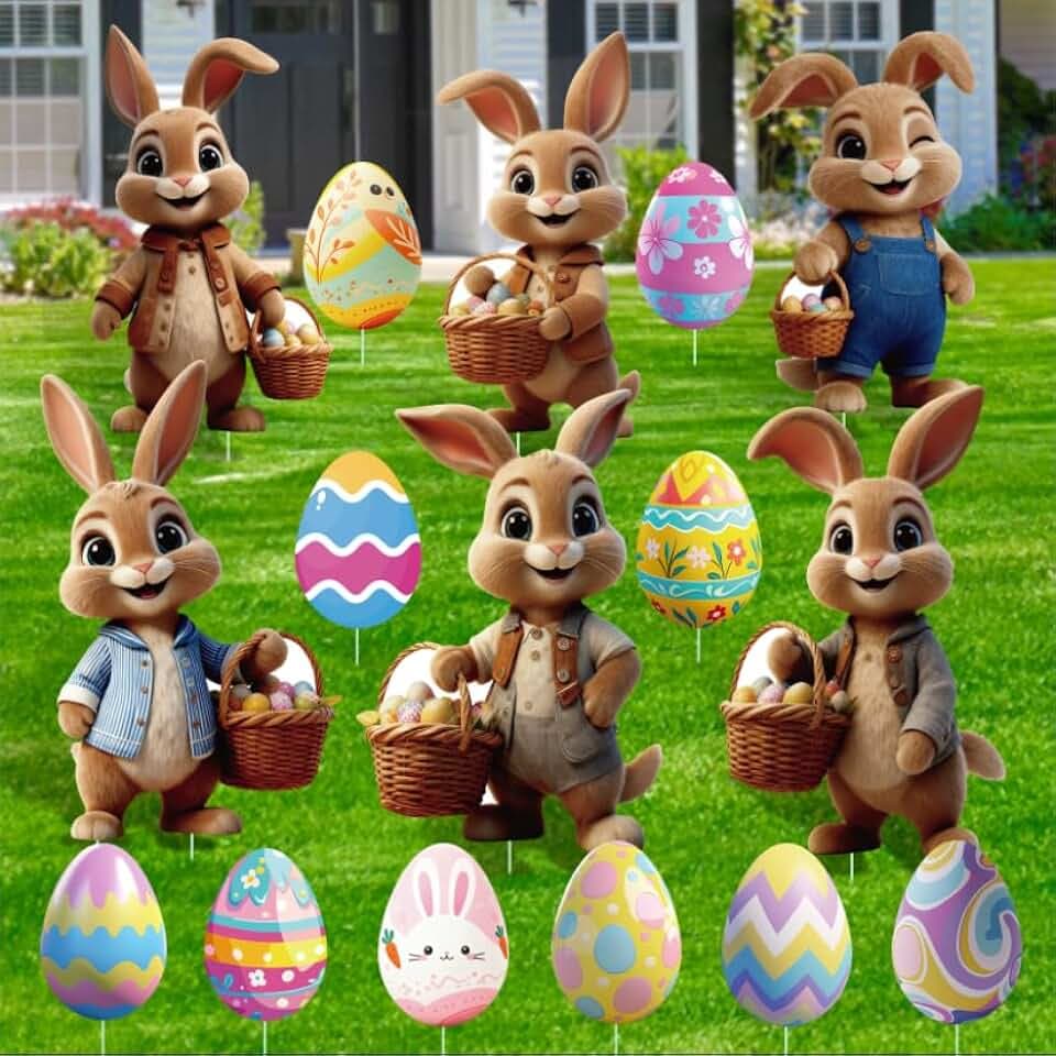 16 Stück Osterhasen Gartenstecker, 2D Ostern Ostereier Werbeschilder, Hof Schild Ostern Deko Outdoor, 2026 Frühlingsdeko Osterhasen für Garten, Rasen, Yard Dekoration