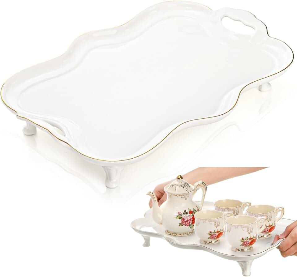 Tlence 16" Large Ceramic Serving Tray with Handles, Footed Rectangular Coffee Table Tray with Gold Rim, Vintage Decorative Platter for Tea, Perfume and Ottoman, Living Room Decor