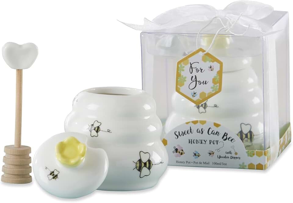 Kate Aspen Sweet as Can Bee Ceramic Mini Honey Pot with Wooden Honey Dipper (3.4 oz) Honey Jar, Bee Decor, White/Yellow (23261WT)