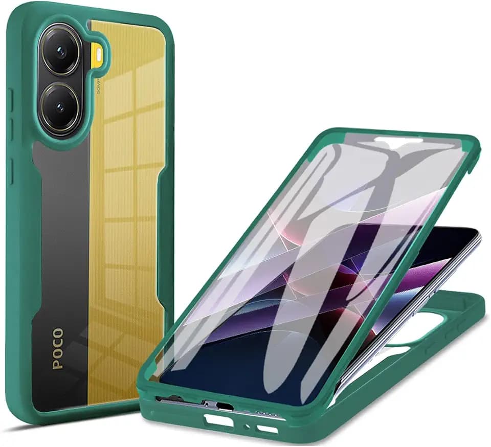 YUEQIAN Hülle für Xiaomi Poco M7 4G Eingebauter Displayschutz 360° Transparent Rundumschutz Handyhülle, Militär Stoßfest Staubdicht TPU Bumper Silikon Schutzhülle. Grün