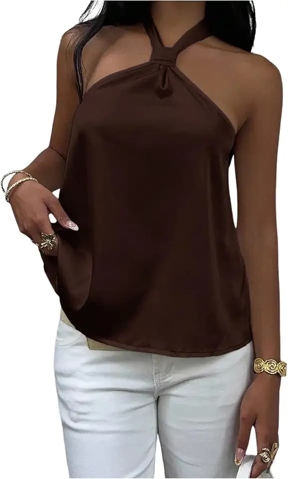 SOLY HUX Women's Summer Silk Satin Tie Backless Sleeveless Halter Tops