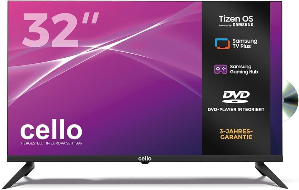 Cello C3226TZF 32 Zoll rahmenloser Smart-TV mit DVD-Player, Tizen OS von Samsung, Gaming Hub, Bluetooth, WLAN, HDMI, USB und Triple-Tuner