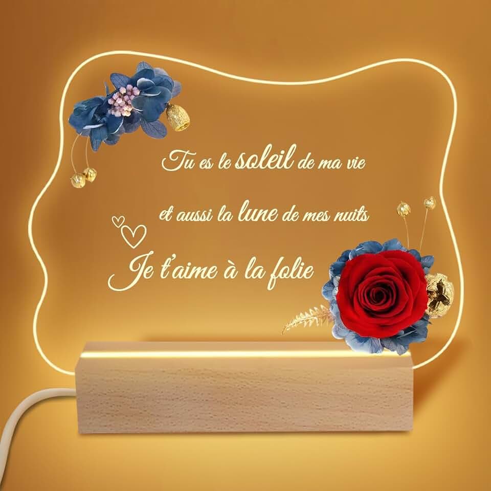 Yamonic Ewige Rose Geschenk für Frauen,Personalisierte Nachtlampe Geburtstagsgeschenk für Frauen,LED Nachtlicht Französischer Text,Ewige Blume Valentinstagsgeschenk