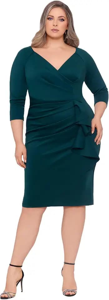 Xscape Women's 3/4 Sleeve V-Neck Side Ruched Midi Dress