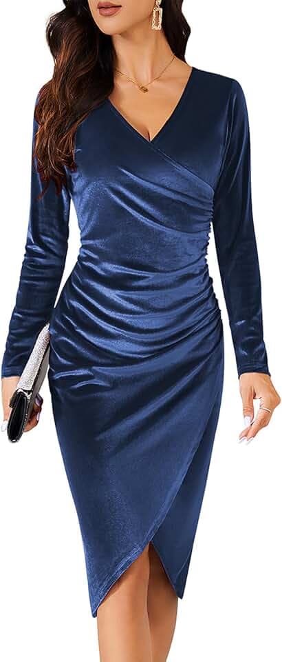 heekpek Cocktailkleid Damen Langarm Samtkleid Lang V Ausschnitt