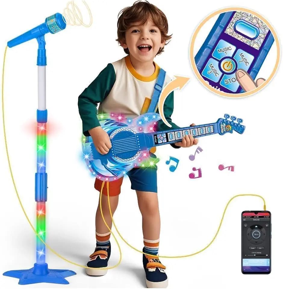 Kids Guitar and Microphone Set, Toddler Musical Instrument Toy, Blue