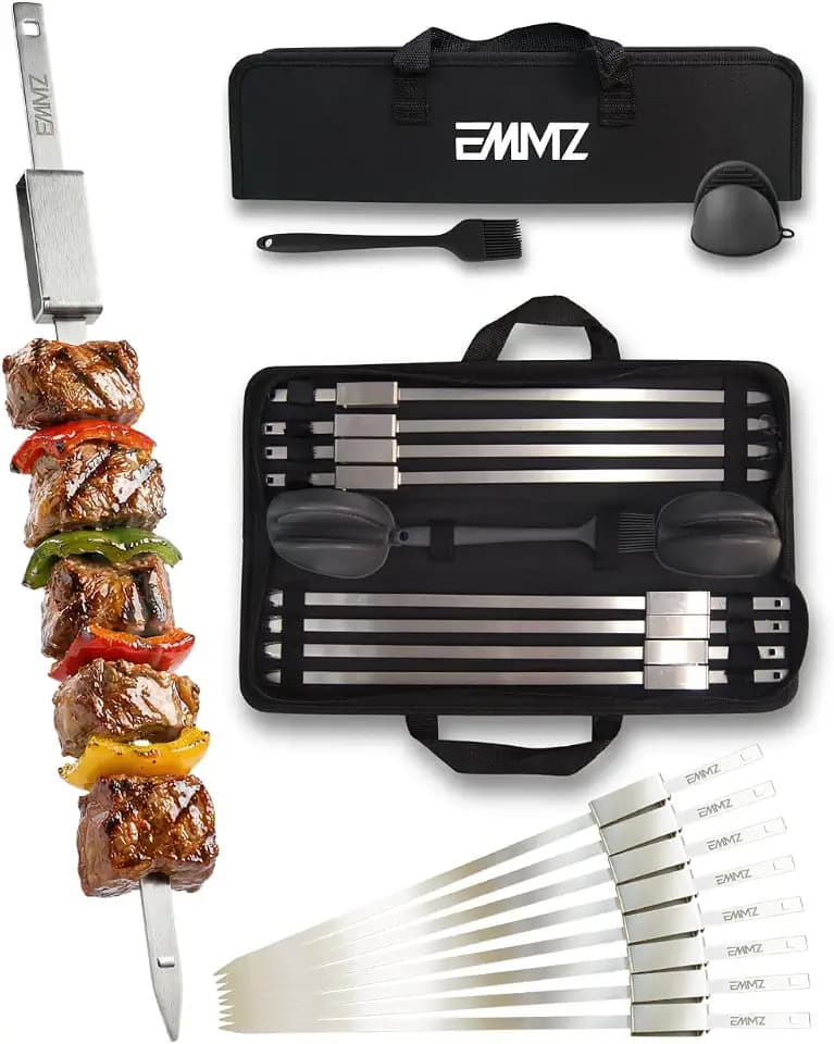 EMMZ Grilling Skewer-16.5"metal skewers with removable Slider in bag(set of 8) flat skewers stainless steel skewers for BBQ-kabob Skewers for kabab Barbecue meat chicken grill shish kebab and camping