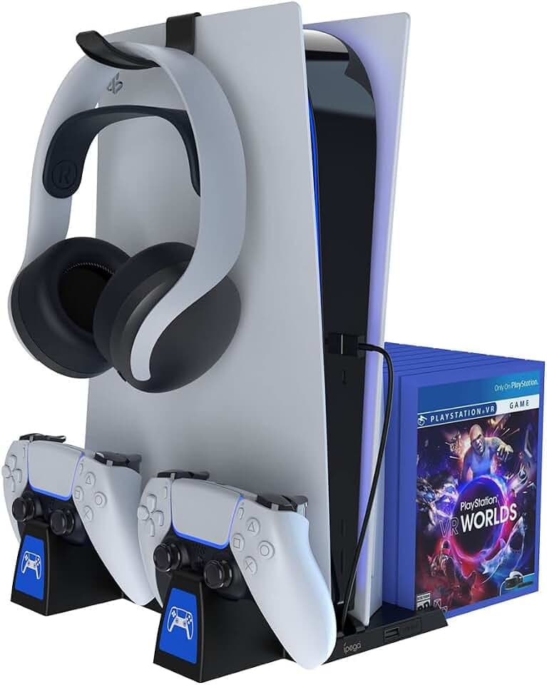 ipega The Gamers Bell – 5-in-1 Ladestation Play Station 5 PS5 – Quick Charge mit LED Lights Indicator kompatibel mit 2 Steuerungen PS5 Gaming und Headset Storage