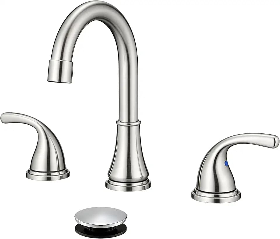 Bathroom Sink Faucet FRANSITON Centerset 8 Inch 2 Handle Bathroom Sink Faucet Lead-Free with Pop-up Drain Stopper and Supply Hoses (Brushed Nickel)